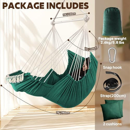 Chihee Hammock Chair Foot Rest 2 Cushions Max 485 lbs Metal Spreader Bar | Robust Hanging Chair Soft Cotton Blended Swing Collapsible Easy Storage Strong Strap Iron Carabiner Pocket Indoor Outdoor - color: Dark Green