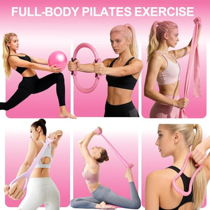 Pilates Ring Equipment Set, Home Pilates Kit for Women with 13’’ Magic Ring with Dual Padded Handles, Small Pilates Ball, 5 Resistance Bands & Complete Fitness Guide, Pilates Essential Accessories - color: 15pcs Pink
