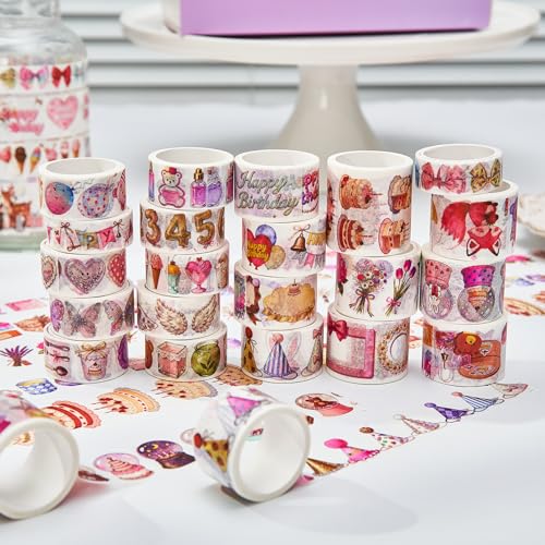 Birthday Washi Tape Set 21 Rolls for Junk Journal, Scrapbooking & DIY Craft | Thin & Cute Decorative Masking Tapes for Party Favors, Wedding Decor | 3M per Roll - style: Birthday