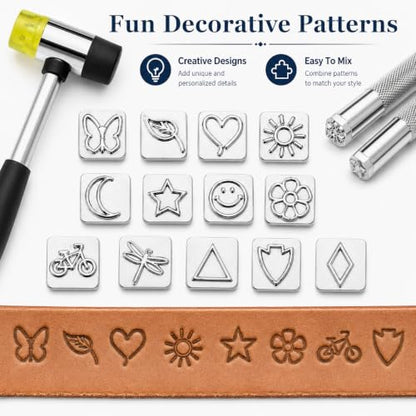 Leather Stamping Tools with Rubber Hammer Saddle Making Stamp Punch Set