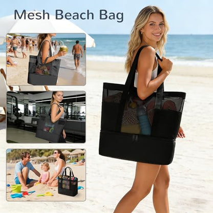 Mesh Tote Beach Bag with Leakproof Wet Compartment - color: Black