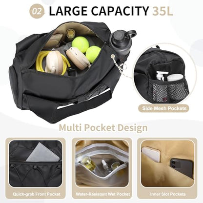 Small Gym Bag for Women with Shoe Compartment 35L, Black - color: Black