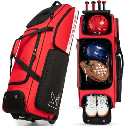 Catchers Gear Bag with Wheels for 4 Bats, 80L Rolling Baseball Bag - color: Red