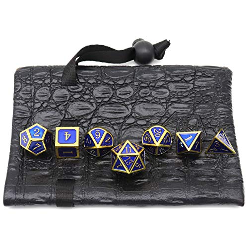 Haxtec Metal DND Dice Set, 7 Pcs Royal Blue Polyhedral Dice for RPG | Gold Number D&D with Leather Bag, Compatible with Dungeons and Dragons, Enamel Heavy Metallic, D&D Gifts for Table Games - color: Gold Navy Blue