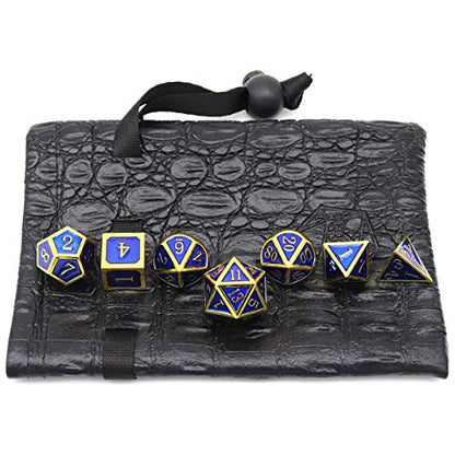 Haxtec Metal DND Dice Set, 7 Pcs Royal Blue Polyhedral Dice for RPG | Gold Number D&D with Leather Bag, Compatible with Dungeons and Dragons, Enamel Heavy Metallic, D&D Gifts for Table Games - color: Gold Navy Blue