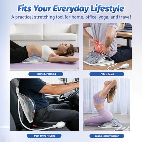 Back Stretcher for Lower Back, Pneumatic Adjustable Lumbar Support Board with 10 Magnets and 90 Massage Points, Daily Back Stretching Device for Home, Office, Yoga and Travel - color: Grey