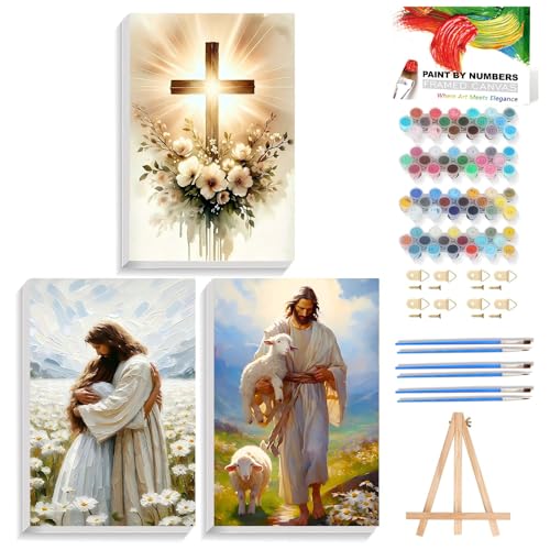 Reivworl 3 Pack Framed Paint by Numbers for Adults with Wooden Easel, Jesus Paint by Numbers Kit for Adults Beginner, Acrylic Painting by Number for Home Decor 8X12 Inch - color: 05-Jesus, size: 8X12 Inch