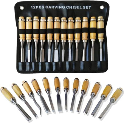 12 Pcs Wood Carving Chisel Set, SK5 Carbon Steel | Sharp Wood Carving Tools with Leather Roll Bag, Woodworking Gouge Kit for Beginners & Professionals