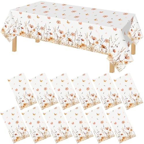 FuWeave 12 Pcs Fall Floral Tablecloth Thanksgiving Autumn Disposable Plastic Table Cloth Wildflower Table Covers for Thanksgiving Autumn Harvest Birthday Wedding Fall Party Decorations, 54 x 108 Inch - style: Autumn Wildflower