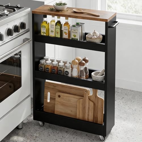 TEAMIX Wood 4-Tier Slim Rolling Storage Cart, 7.9"W, 24.8"D, 36.7"H, Black - color: Black