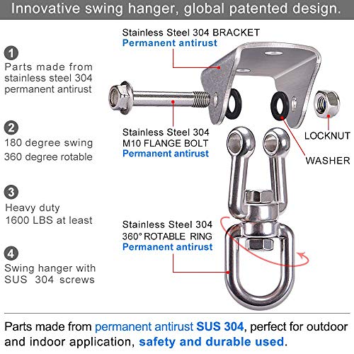 SELEWARE Stainless Steel Swing Hanger Heavy Duty Ceiling Swing Mount 2 Pack | 360° Swivel Swing Hook Swing Hardware Kit for Yoga Swing Hammock Chair Porch Swing Sets Heavy Punching Bag 1000 LB Capacity - color: Silver2 - 360° Swing Hanger ( 2 Pack )
