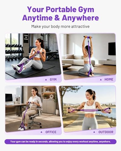 Multifunction Pedal Resistance Band with Handle, 4 Tubes 30/40/50LB Adjustable Foot Pedal Puller Resistance Band with Foam Handle& Storage for Men Women Core, Arm, Legs, Body Workout Home Gym, Purple