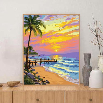 ZRIZQ Beach Paint by Numbers Kit for Adults Beginner,Sunset,16x20 | Full set with rich paints,wooden brushes,rolled canvas.Calming activity.Beginner friendly.Just open and paint. - color: 16"X20"Rolled Canvas-Beach 1
