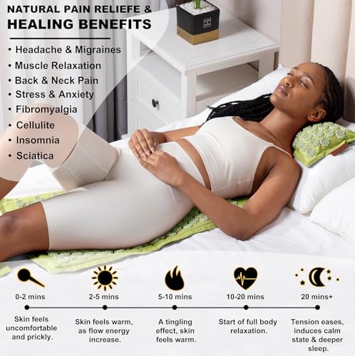 UNMERA Acupressure Mat and Pillow Set,Natural Linen & Coconut Fiber Filling | Back/Neck Pain Relief, Sciatic, Headache and Muscle Relaxation, Comes with Carrying Bag - color: Forest Green
