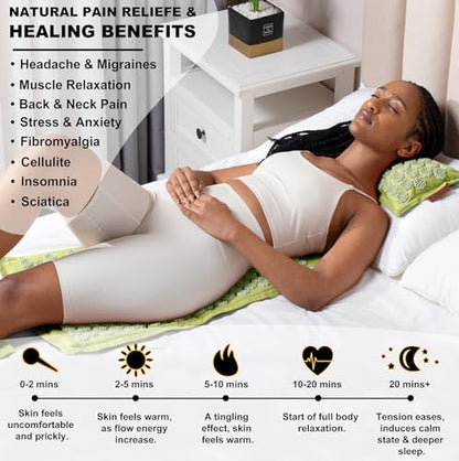 UNMERA Acupressure Mat and Pillow Set,Natural Linen & Coconut Fiber Filling | Back/Neck Pain Relief, Sciatic, Headache and Muscle Relaxation, Comes with Carrying Bag - color: Forest Green