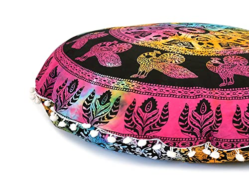 Large Round seat Floor Cushion Cover Chair Ottoman Cover Pouf Pillow Meditation Floor Cushion Covers for Adults Seating pouffe Ottoman Throw Covers Multi Peacock 32" Round