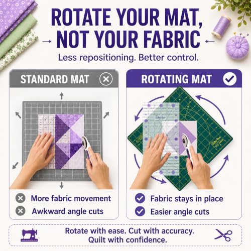 The Quilted Bear 12" x 12" Rotating Self-Healing Cutting Mat, Green | Square Mat, 360° Rotation, Locking Mechanism, 5-Layer Surface, Non-Slip Base, Clear Inch Grid & Angle Guides for Quilting - color: Green, size: 12"L x 12"W