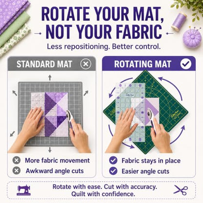 The Quilted Bear Rotating Cutting Mat 18" x 18" - Square 360° Rotating Self Healing Mat with Innovative Locking Mechanism for Quilting & Sewing Your Choice of Colours Available! (Green) | Square Mat, 360° Rotation, Locking Mechanism, 5-Layer Surface, Non-