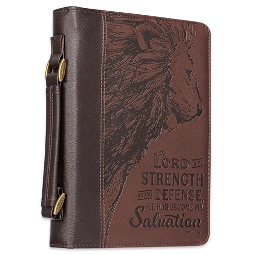 Christian Art Gifts Men's Classic Bible Cover The Lord is My Strength Lion Exodus 15:2, Brown Faux Leather, Large - size: Large
