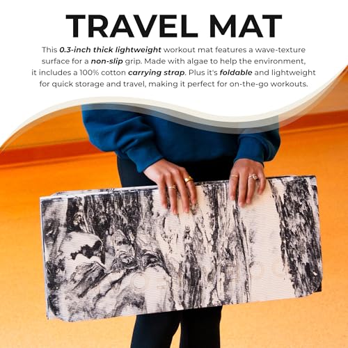 Oceanfoam Travel Workout Mat – 0.3" Thick Folding Exercise Mat for Yoga, Pilates, & Fitness – Non-Slip with Cotton Carrying Strap, Made with Sustainable Algae Foam – 24" x 72" (Black Marbled) - color: Black Marbled