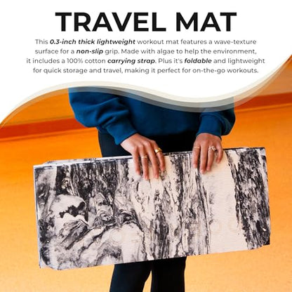 Oceanfoam Travel Workout Mat – 0.3" Thick Folding Exercise Mat for Yoga, Pilates, & Fitness – Non-Slip with Cotton Carrying Strap, Made with Sustainable Algae Foam – 24" x 72" (Black Marbled) - color: Black Marbled