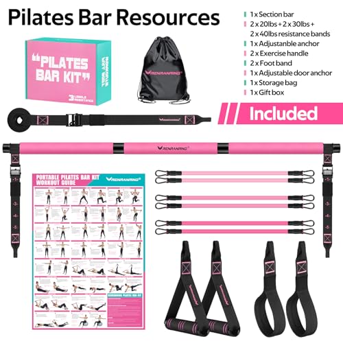 Pilates Bar Kit with 6 Latex Resistance Bands, Adjustable Exercise Bar - color: Pink