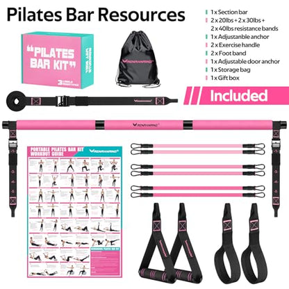 Pilates Bar Kit with 6 Latex Resistance Bands, Adjustable Exercise Bar - color: Pink