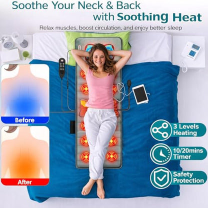 Full Body Massage Mat with Heat, Shiatsu Neck Massager, Body Massager Pad Cushion for Bed & Recliner, Back Massage with Vibration Therapy for Total Body Relaxation