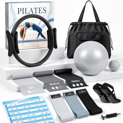 GINMIC Pilates Kit, Pilates Equipment for Home Workouts, at Home Pilates Set with Complete Accessories: Pilates Ring, Pilates Ball, Long and Loop Resistance Bands, Socks, Massage Ball, Guide & Bag - color: Black & Gray