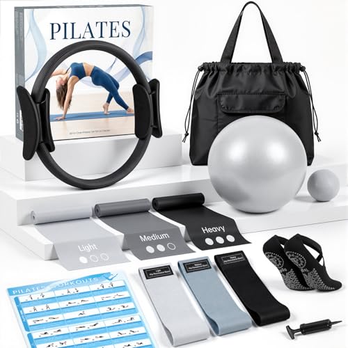 GINMIC Pilates Kit, Pilates Equipment for Home Workouts, at Home Pilates Set with Complete Accessories: Pilates Ring, Pilates Ball, Long and Loop Resistance Bands, Socks, Massage Ball, Guide & Bag - color: Black & Gray