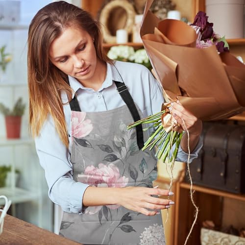 Apron with Pockets, 32x28 inch, for Women Men, Floral Grey | Pink Flower Leaves Waterproof Adjustable Bib Aprons for Kitchen Cooking Baking Painting Gardening - color: Peony