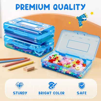 GAMENOTE Plastic Pencil Box with Personalized Sticker, Large Capacity, Blue | Kid Large Hard Pencil Case with Snap-tight Lid, Small Art Craft Storage Containers, School Supply Box for Boys, Girls - color: Blue