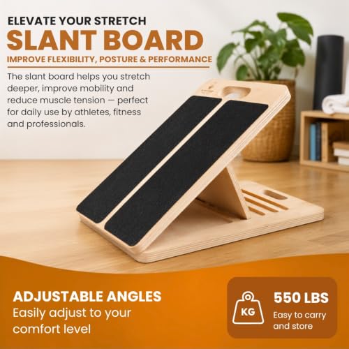 SummitCrest Wooden Slant Board for Calf Stretching, Calf Stretch Board | 5 angle adjustable incline board, 550 lbs, calf stretcher and squat wedge for squats, mobility, resistance bands included