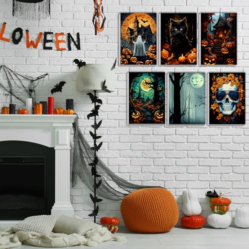 Honoson 6 Pcs Halloween DIY Paint by Number Kits for Adults | Framed Canvases with Easel, Ghost Skeleton Pumpkin Cat, Suitable for Beginner, Ideal for Haunted Wall Decor and Stress Relief - style: Halloween