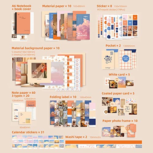 emmoolife 348 Pcs Scrapbooking Supplies Kit, Vintage Aesthetic Scrapbook Kit for Bullet Junk Journal, Stationery, A6 Grid Notebook, DIY Journaling Supplies, Birthday Craft Gift for Teen Girl Women - color: Sunset