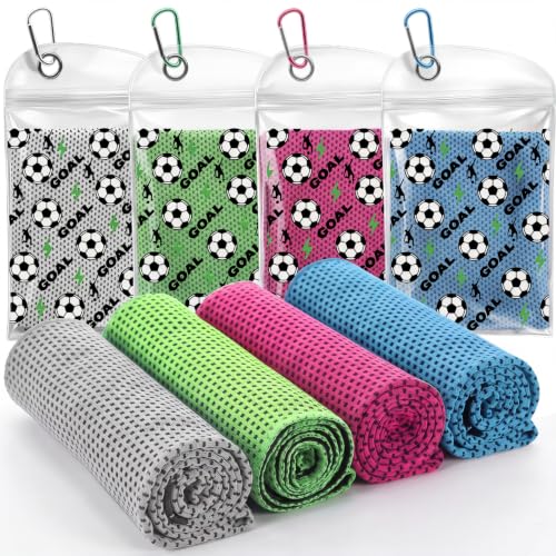 Chumia 4 Pack Soccer Themed Cooling Towels (40"x12"), Soft Breathable Chilly Towel, Ice Towel, Microfiber Towels for Running, Workout, Gym, Camping, Sport Party Favors Player Team Gifts - color: Light Blue, Green, Rose Red, Light Gray, style: Football The