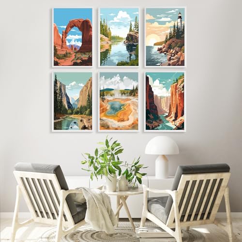 6 Pack Paint by Numbers Kit for Adults Beginner National Park 8x12 Inch | Without Frame Canvas, DIY Acrylic Painting by Numbers National Parks Landscape, Stress Relief Craft Kits, For Home Decor Gift - color: LKOP6P-1