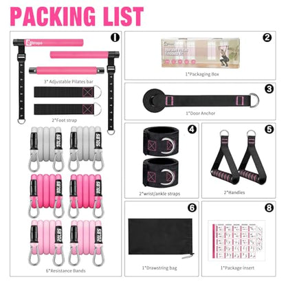 Bbtops Pilates Bar Kit with Resistance Bands,Pilates Bar with Stackable Bands Workout Equipment for Legs,Hip,Waist and Arm,Exercise Fitness Equipment for Women & Men Home Gym Yoga Pilates - color: Hot Pink