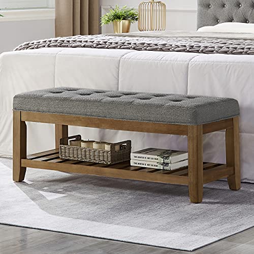 24KF Large Rectangular Upholstered Tufted Linen Fabric Ottoman Bench, Padded Bench with Solid Wood Shelf-Granite - color: Granite-bench, size: 15.8"D x 44"W x 18"H