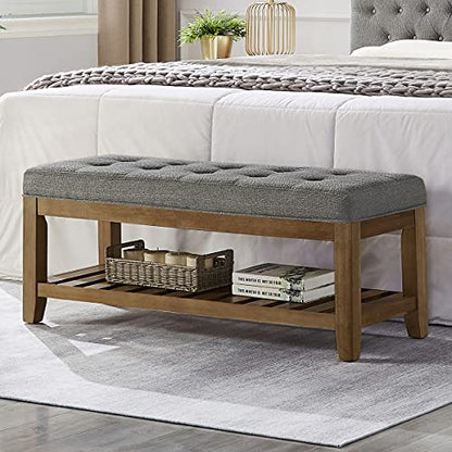 24KF Large Rectangular Upholstered Tufted Linen Fabric Ottoman Bench, Padded Bench with Solid Wood Shelf-Granite - color: Granite-bench, size: 15.8"D x 44"W x 18"H