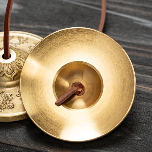 Tibetan Meditation Bell, Brass Tingsha Cymbals with Cloth Bag - size: Eight Symbols
