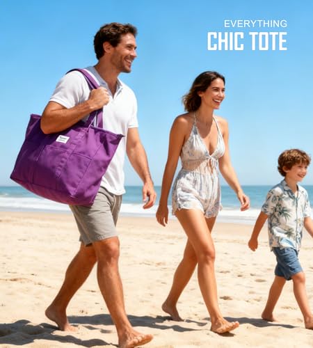 Bagelite Extra Large Canvas Tote for Women Men, Utility Work Bag with Zipper - color: Purple