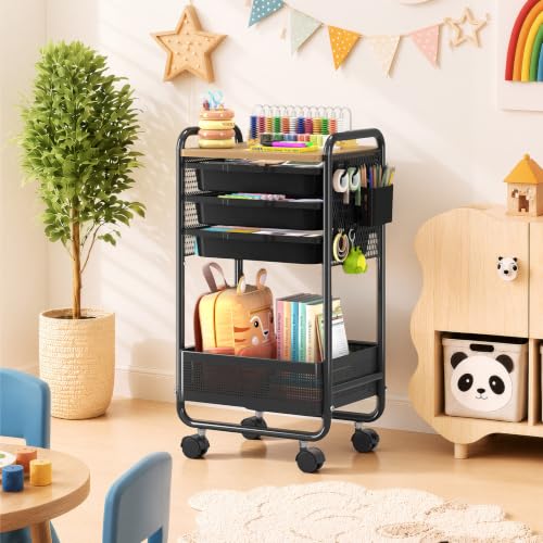 KINGRACK 3 Tier Rolling Cart with Drawer, Metal Utility Storage Cart, Black | 3 Drawers, Pegboard & Wood Tabletop, Lockable Wheels, 4 Hooks & 1 Bin, for Living Room,Bedroom,Craft Room,Office,Kids Room - color: Black