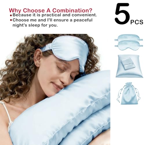 5Pcs Silky Sleep Mask Eye Masks Breathable Soft Satin Pillowcases Set for Sleeping Similar to Silk Pillowcase Travel Gift - color: Azure-queen Size