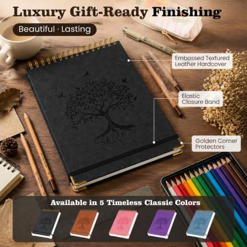 Blank Notebook 8.5" x 11", Hardcover Sketchbook Sketch Pad, No Bleed Paper | 300 Blank Page Top Spiral Notebook, Lay Flat, Durable Unlined Journal for Women Men Kids Journaling Sketching with Pen Pencil - color: Black, size: 8.5” x 11”