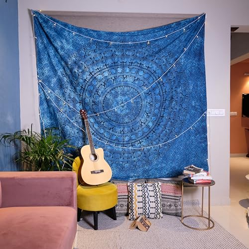 Craft Trade Indian Cotton Mandala Wall Hanging Tapestry for Aesthetic Boho Hippie Living Room, Meditation & Bedroom Décor - Blue - 90x108 Inches - color: Blue, size: 90"L x 108"W