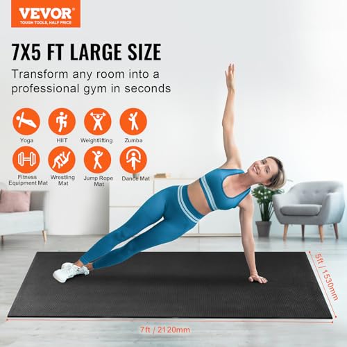 VEVOR Large Exercise Mat, 12'x6'/10'x6'/9'x6'/8'x6'/8'x5'/7'x5'/6'x4' (7mm) Extra Thick, Non Slip High Density Premium Workout Mat, Exercise Yoga Mat for Men & Women, Fitness & Exercise Mat with Bag & Carry Strap, for All Types of Home Yoga, Pilate & Floo