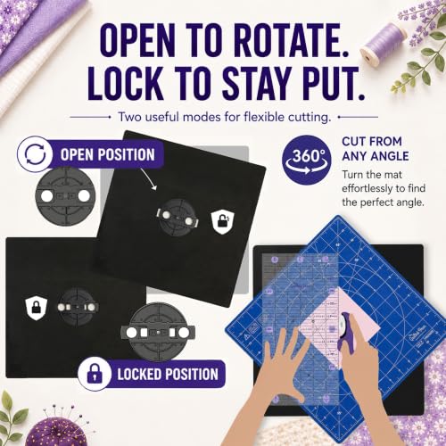 The Quilted Bear 12" x 12" Rotating Self-Healing Cutting Mat, Blue | Square Mat, 360° Rotation, Locking Mechanism, 5-Layer Surface, Non-Slip Base, Clear Inch Grid & Angle Guides for Quilting - color: Blue, size: 12"L x 12"W