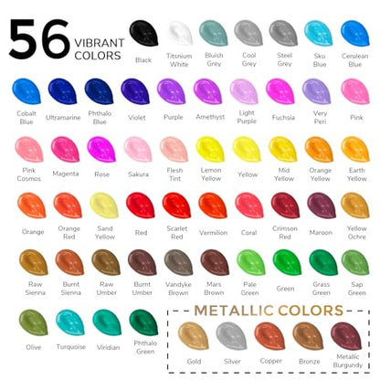 ABEIER Acrylic Paint Set, 56 Colors x 2 oz, Non-Toxic Matte Paint | Rich pigments, smooth blending, waterproof when dry, fade-resistant finish, multi-surface art and craft projects