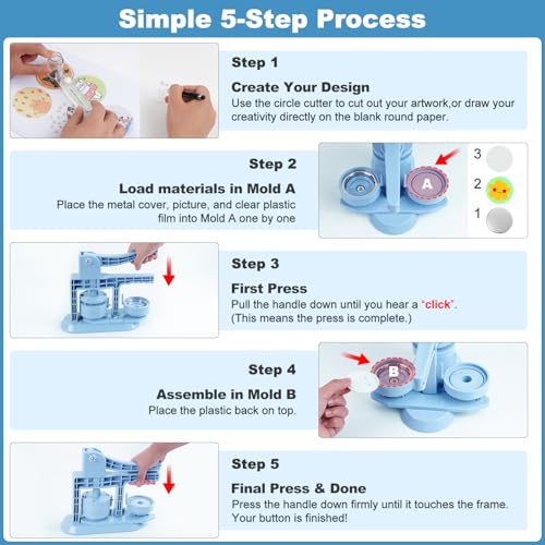 Happizza Button Maker Machine 58mm/2.25in Installation-Free DIY 58mm Blue Pin Badge Button Maker Press Machine Badge Punch Press with Free 30pcs Button Parts,Pictures,Circle Cutter - color: Blue